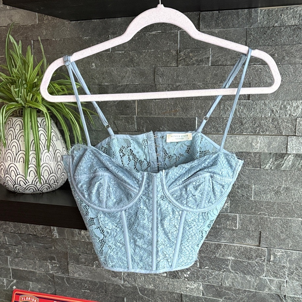 Altar’d State Lace Corset Bralette Top – Dusty Blue | Size S